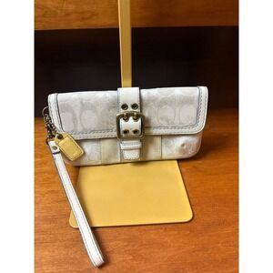 Coach White Signature Jacquard Wristlet Buckle Detail Leather Trim Brass Hardwar